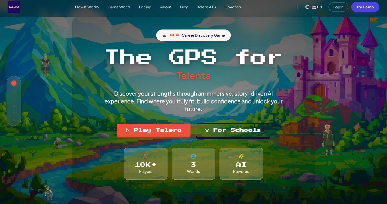 Talero AI landing page in a pixel-art game style