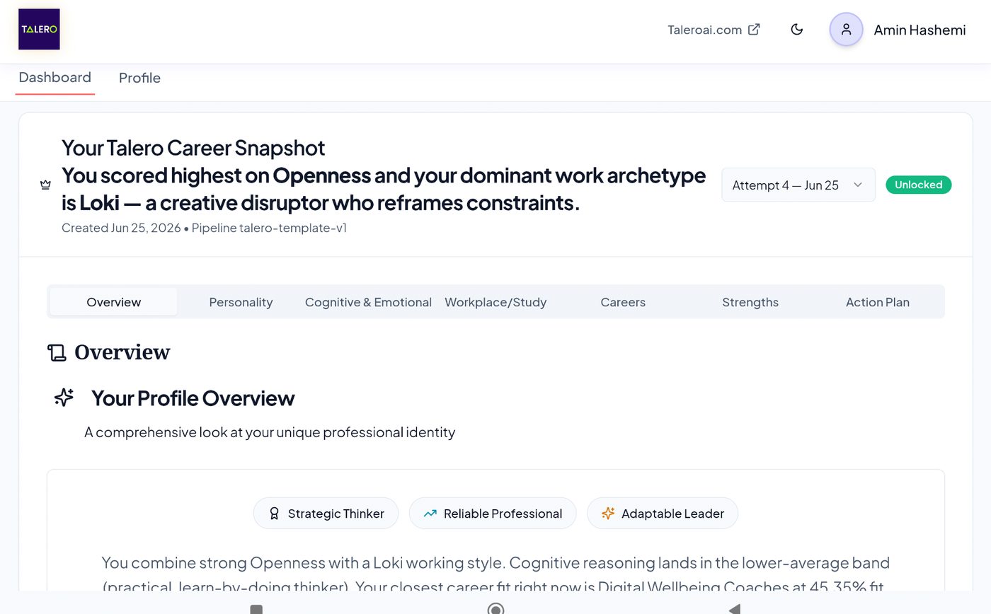 Talero Talents career snapshot with archetype summary and section tabs